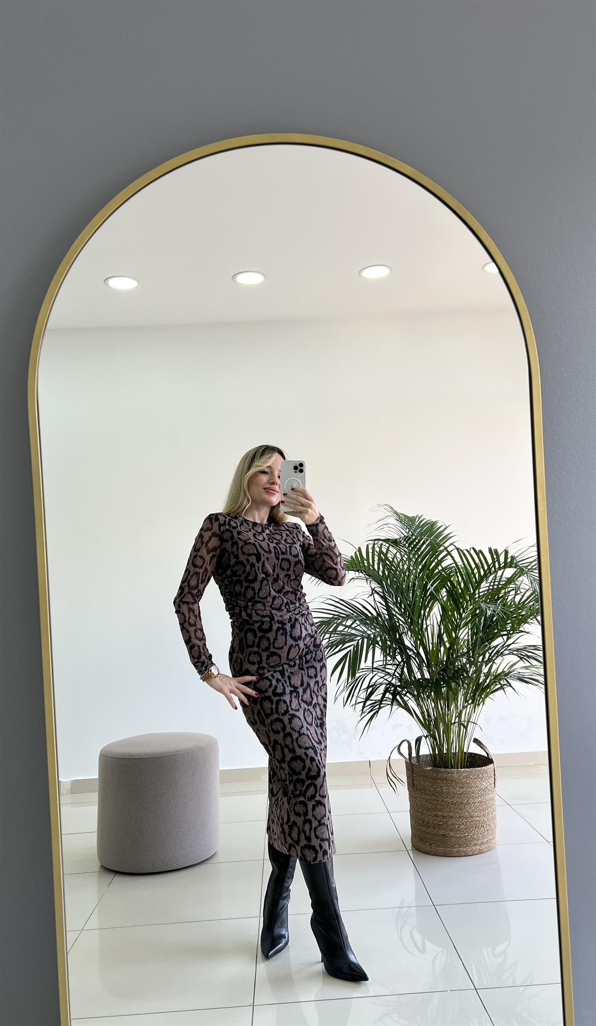 Tül Leopar Desenli Elbise 