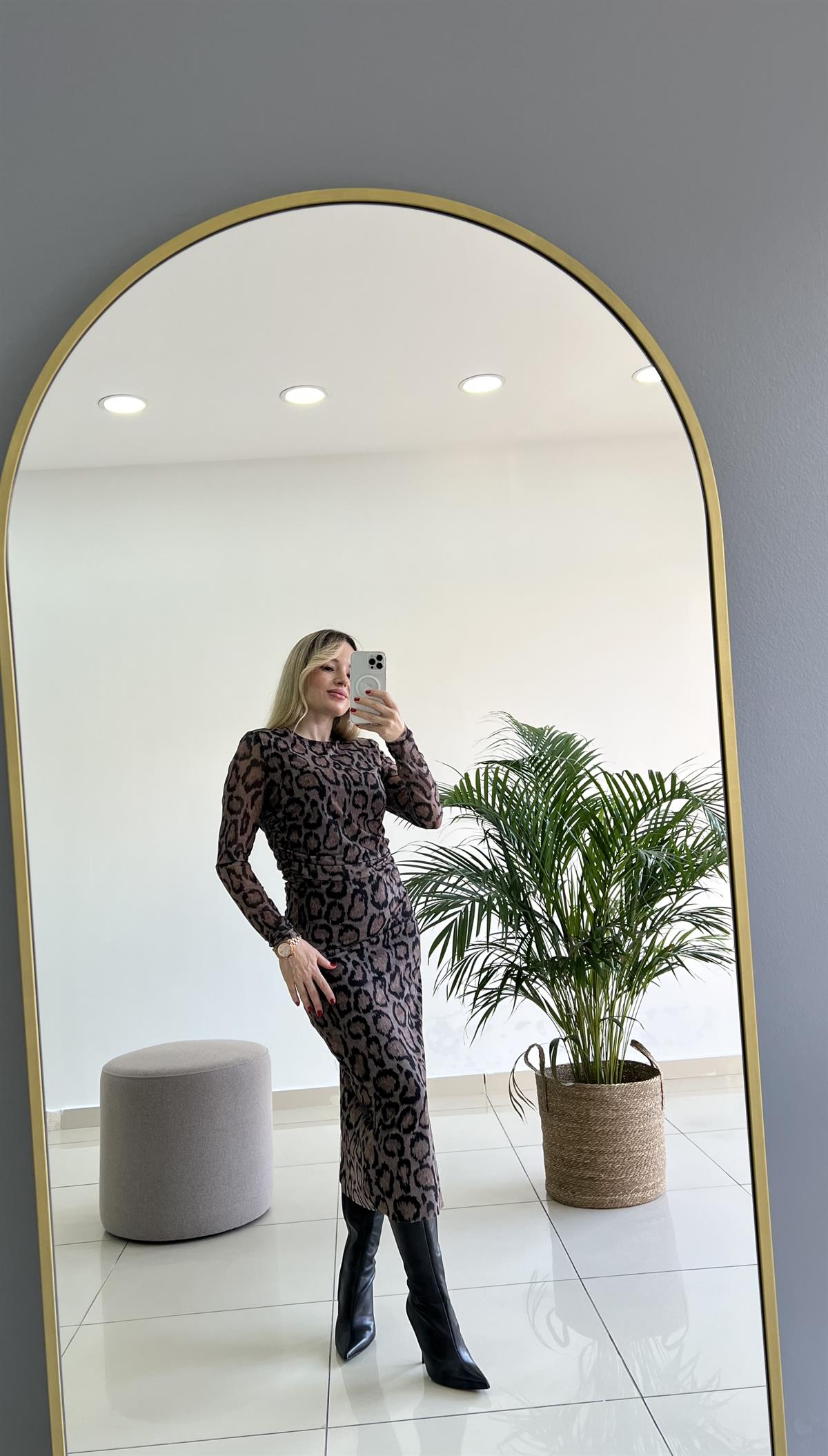 Tül Leopar Desenli Elbise 