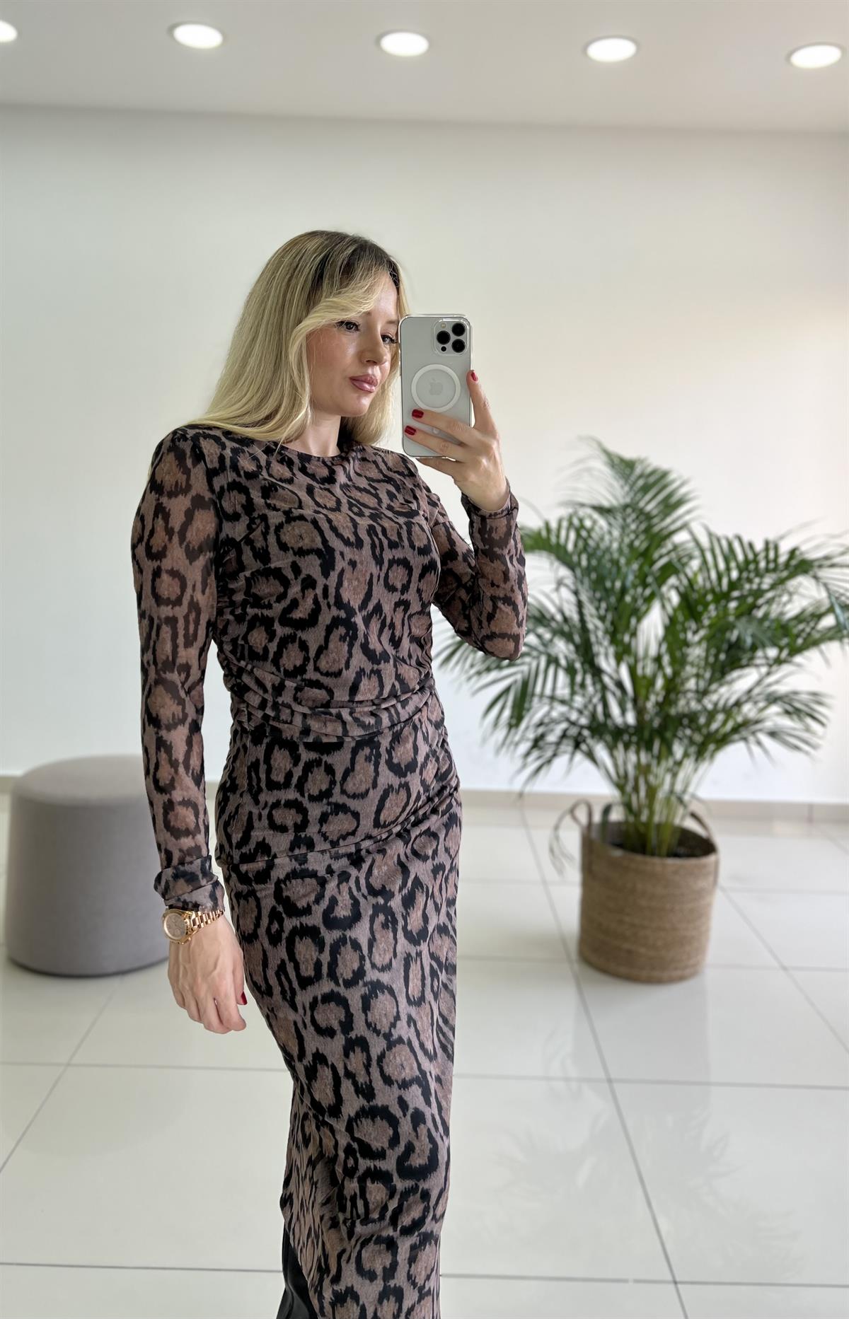 Tül Leopar Desenli Elbise 