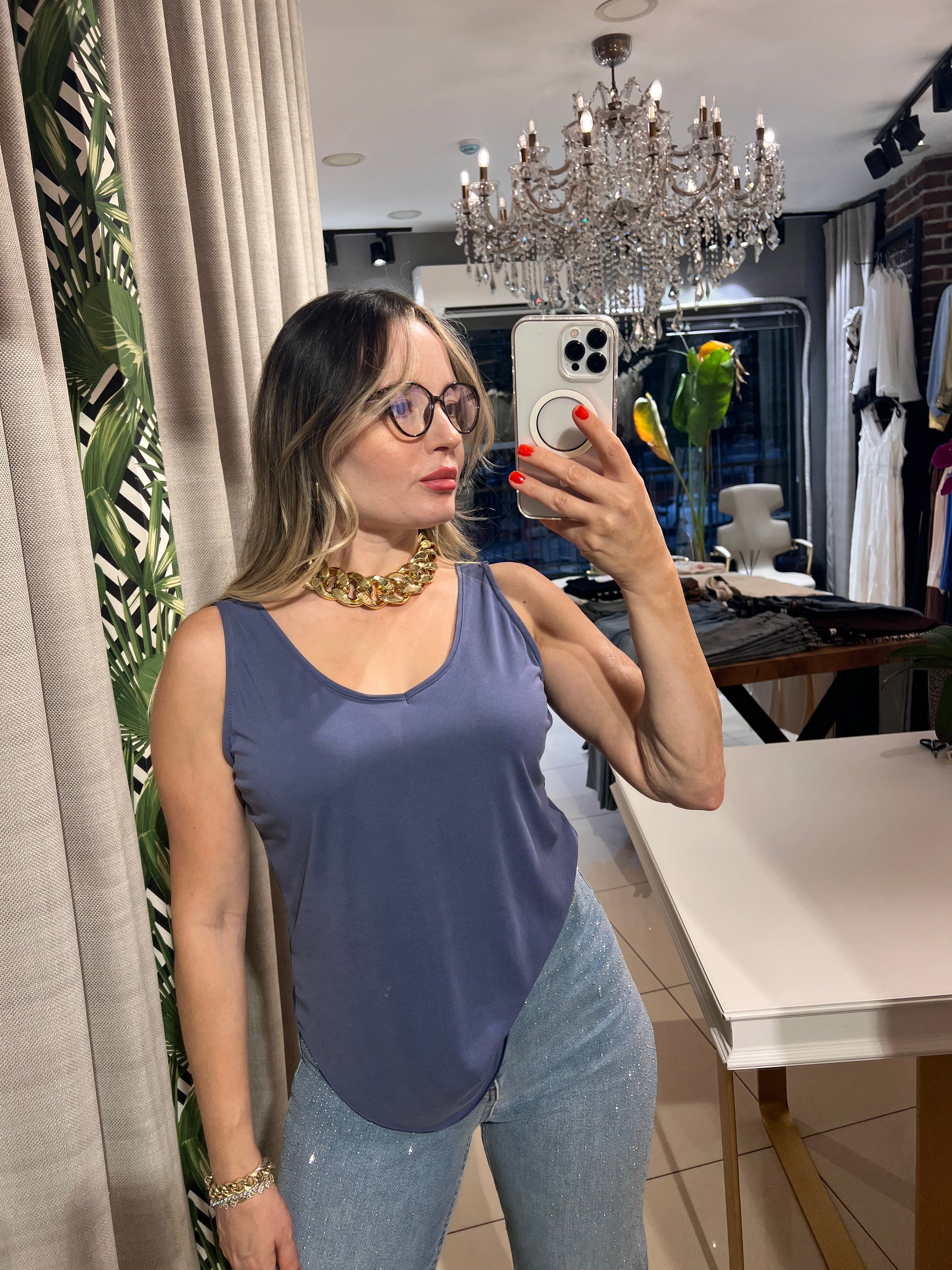 U Yaka Askılı İndigo Modal Atlet