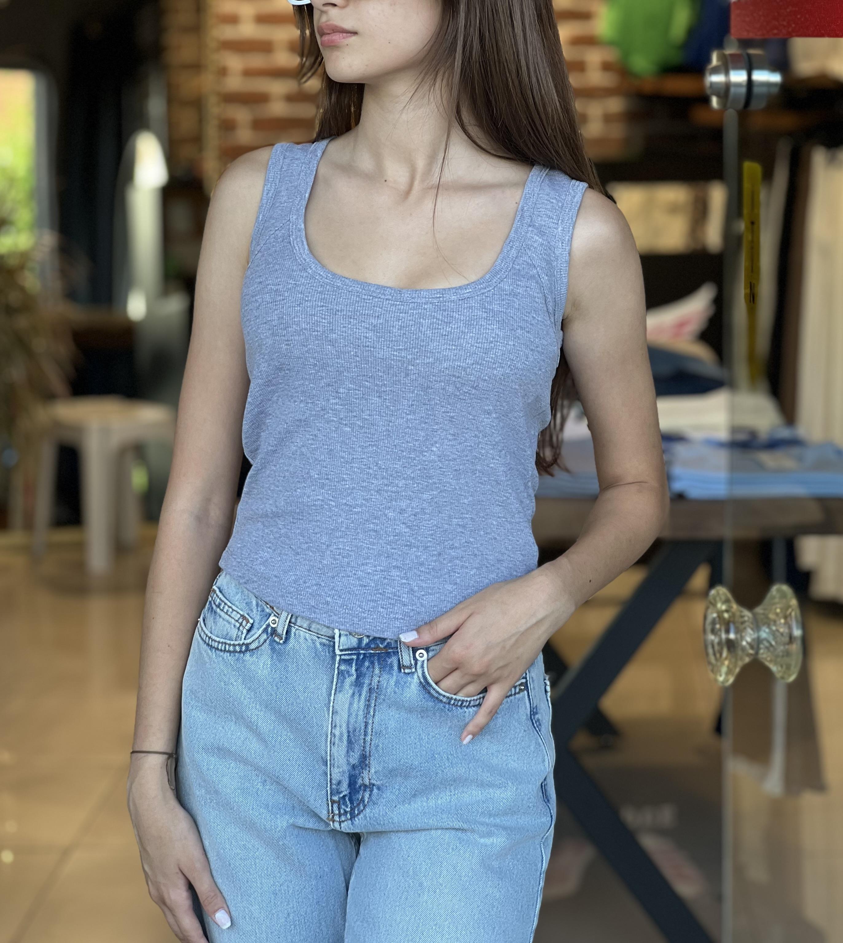 U Yaka Full Likralı Gri Atlet