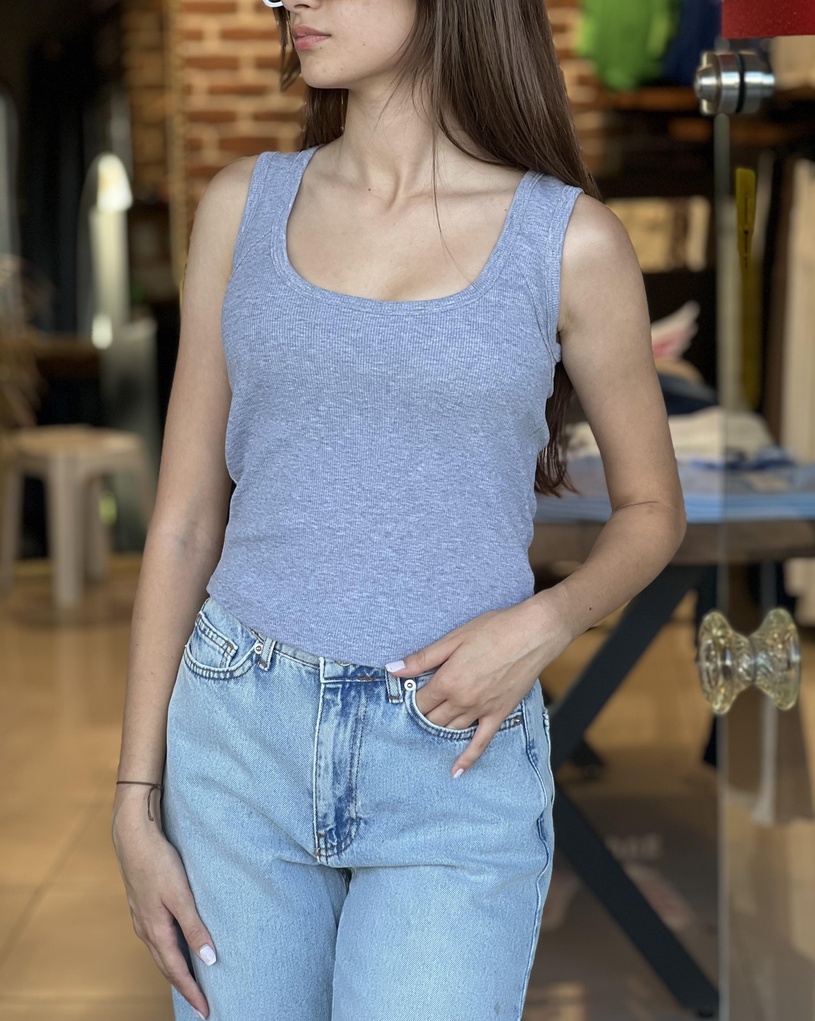 U Yaka Full Likralı Gri Atlet