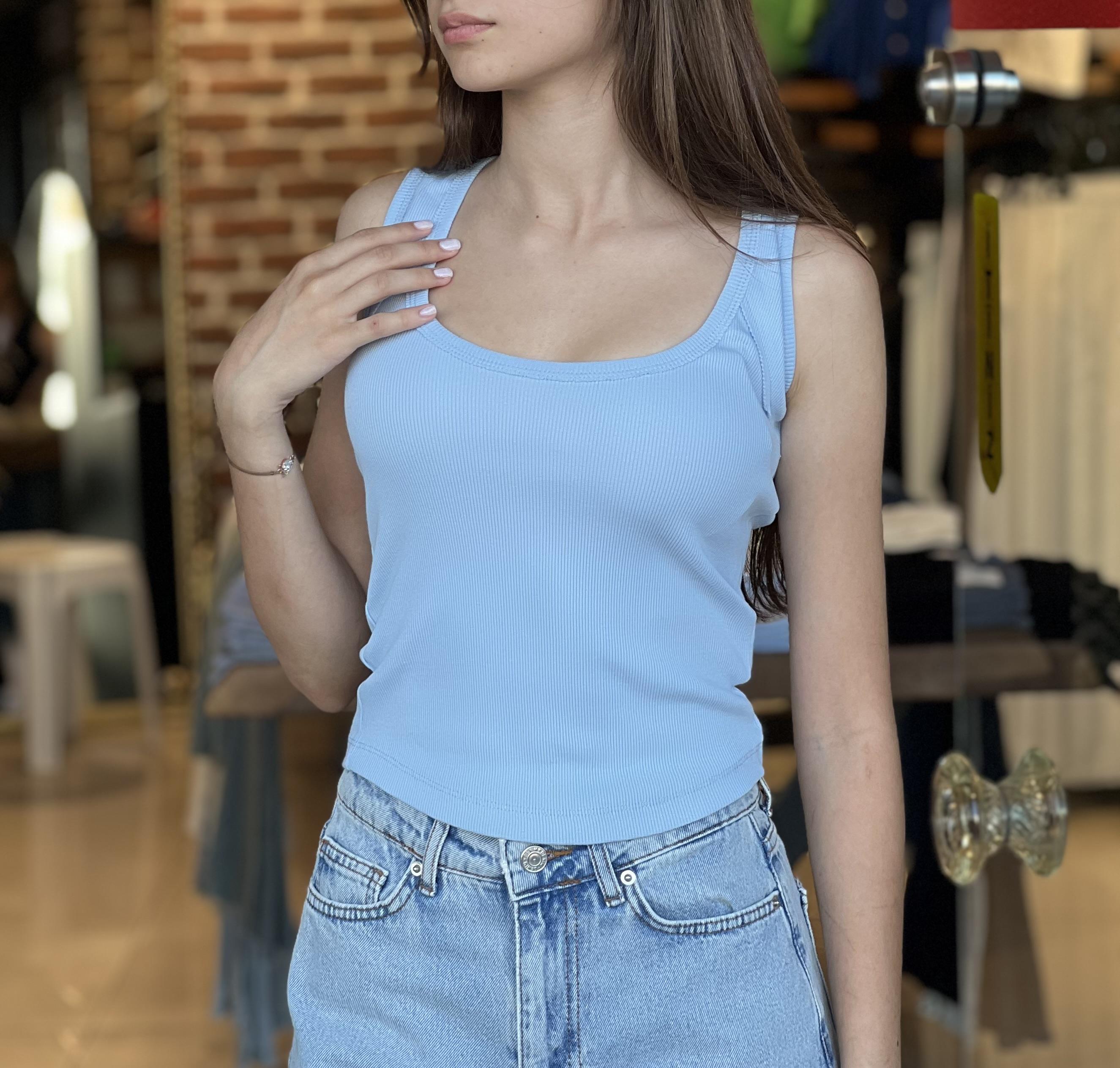 U Yaka Full Likralı Mavi Atlet