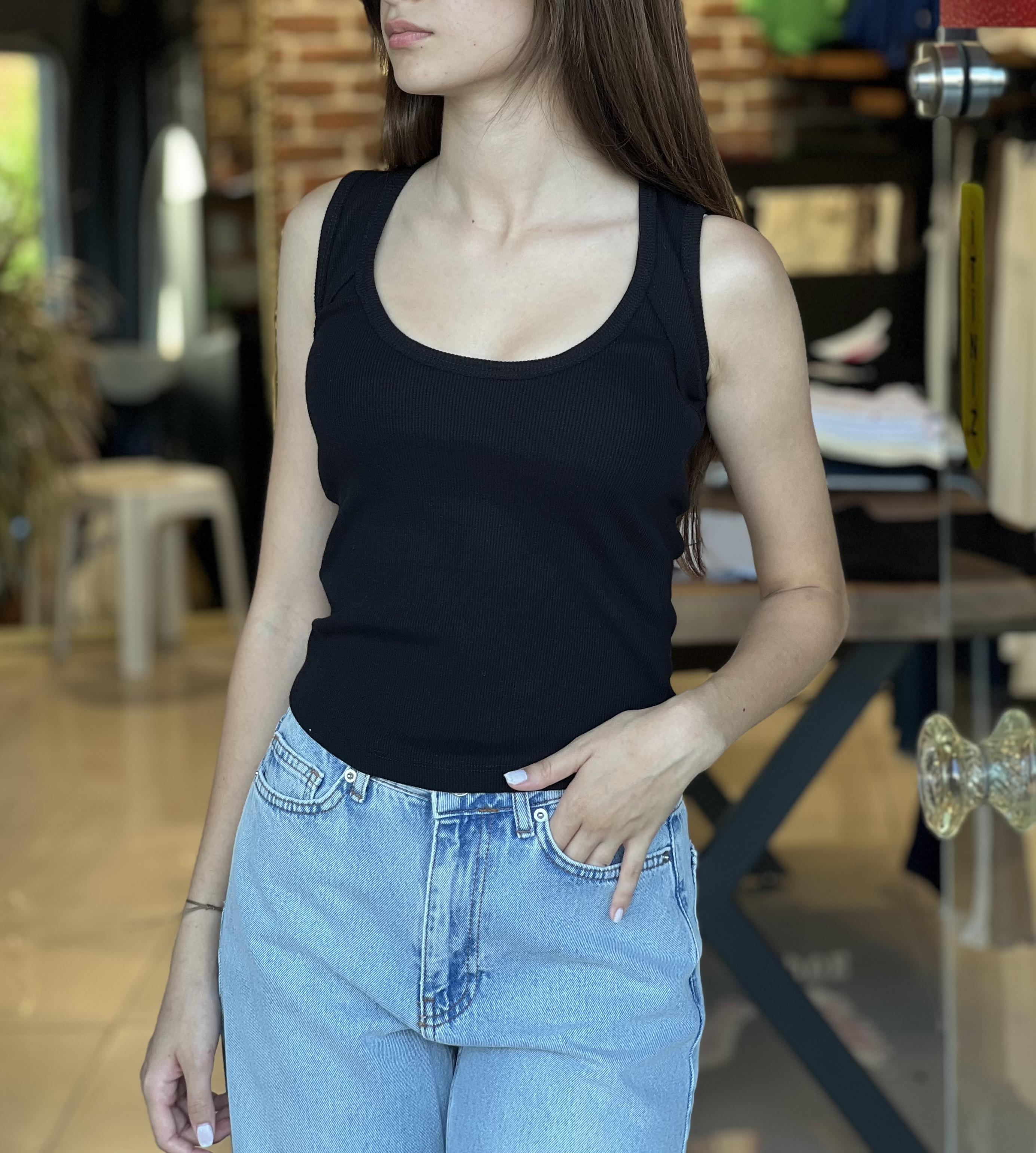 U Yaka Full Likralı Siyah Atlet