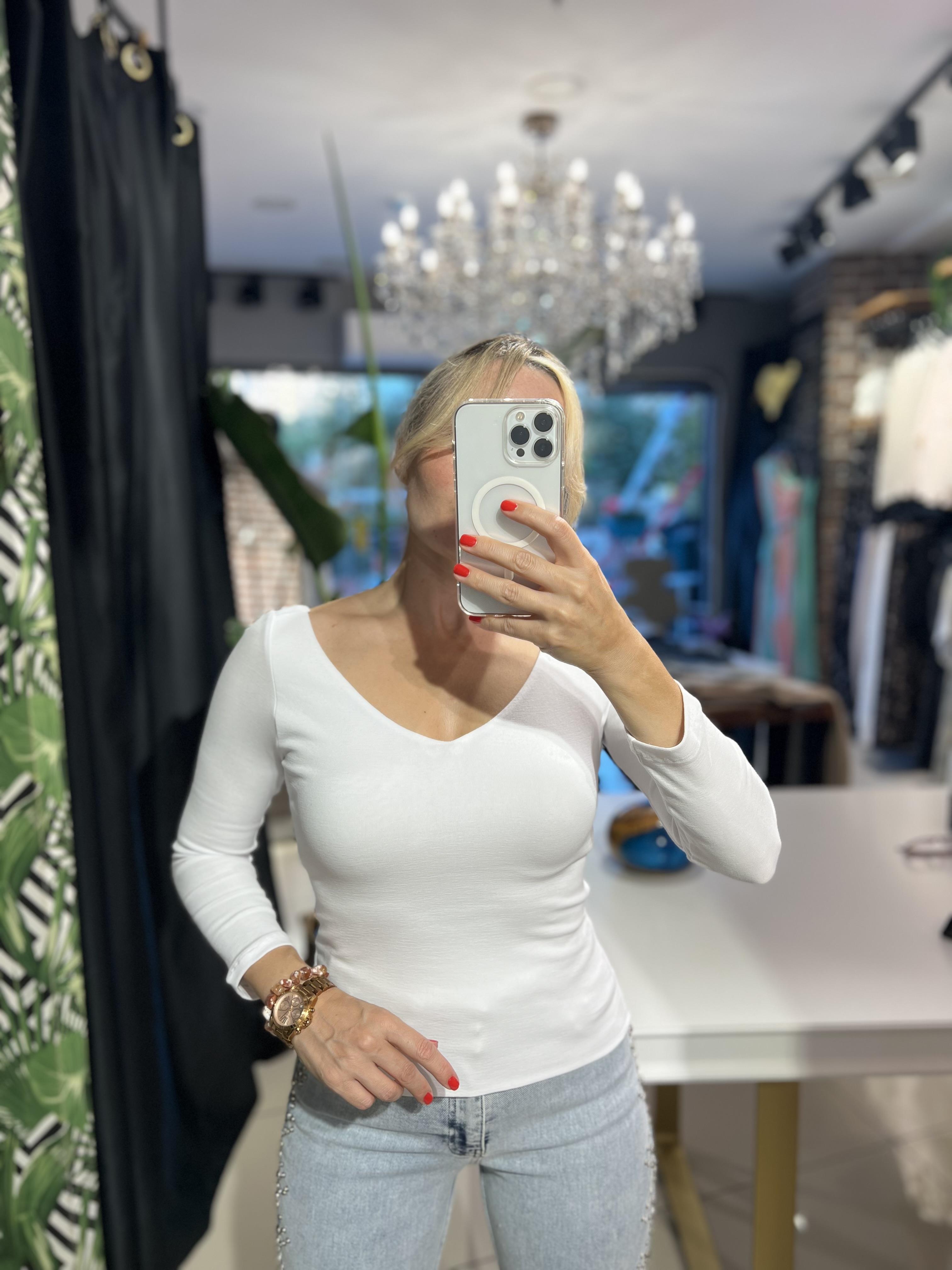Uzun Kollu V Dekolteli Beyaz Body Top