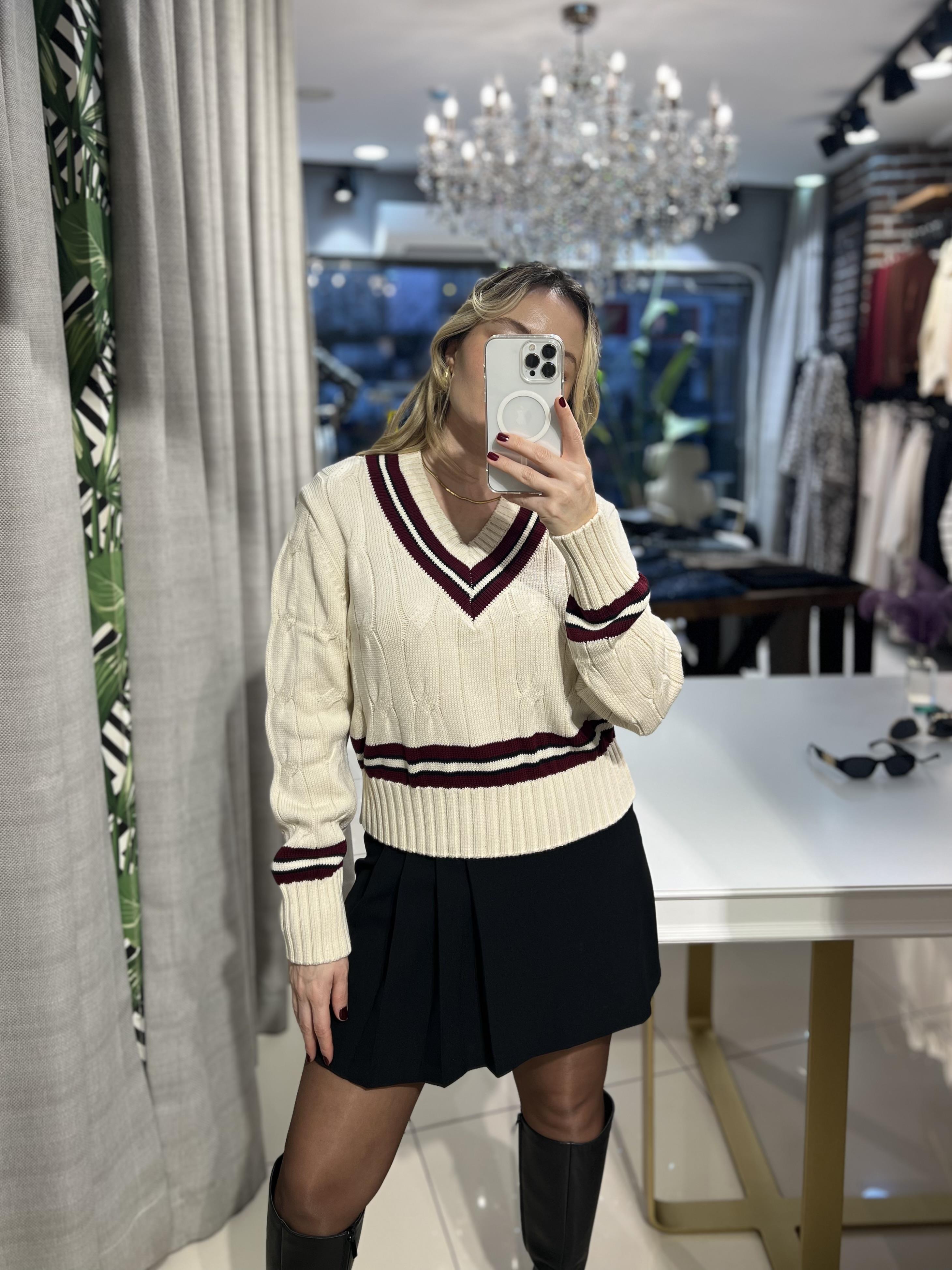 V Yaka Bordo Çizgili Ekru  Triko Kazak