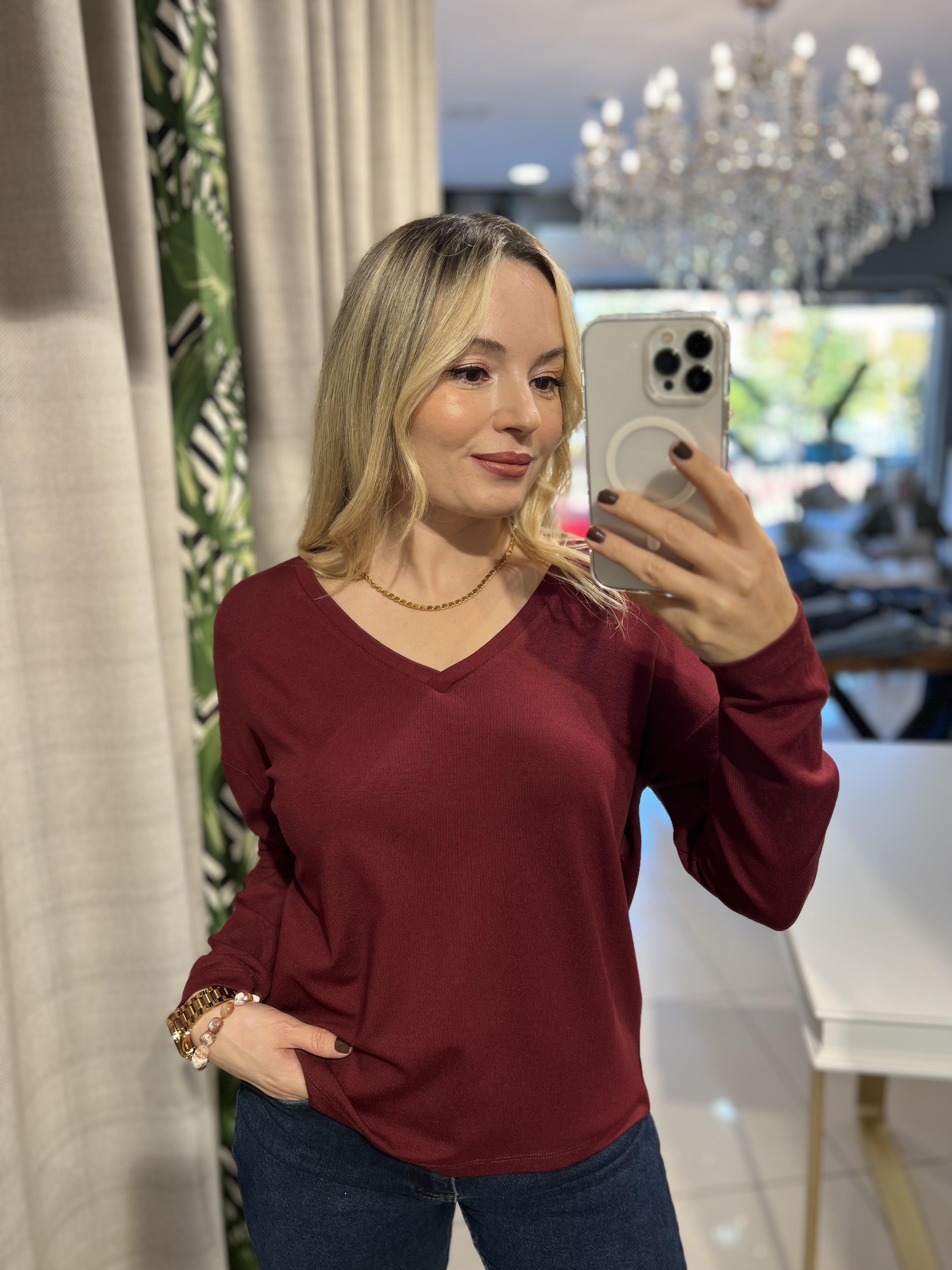 V Yaka Bordo Likralı Penye Bluz