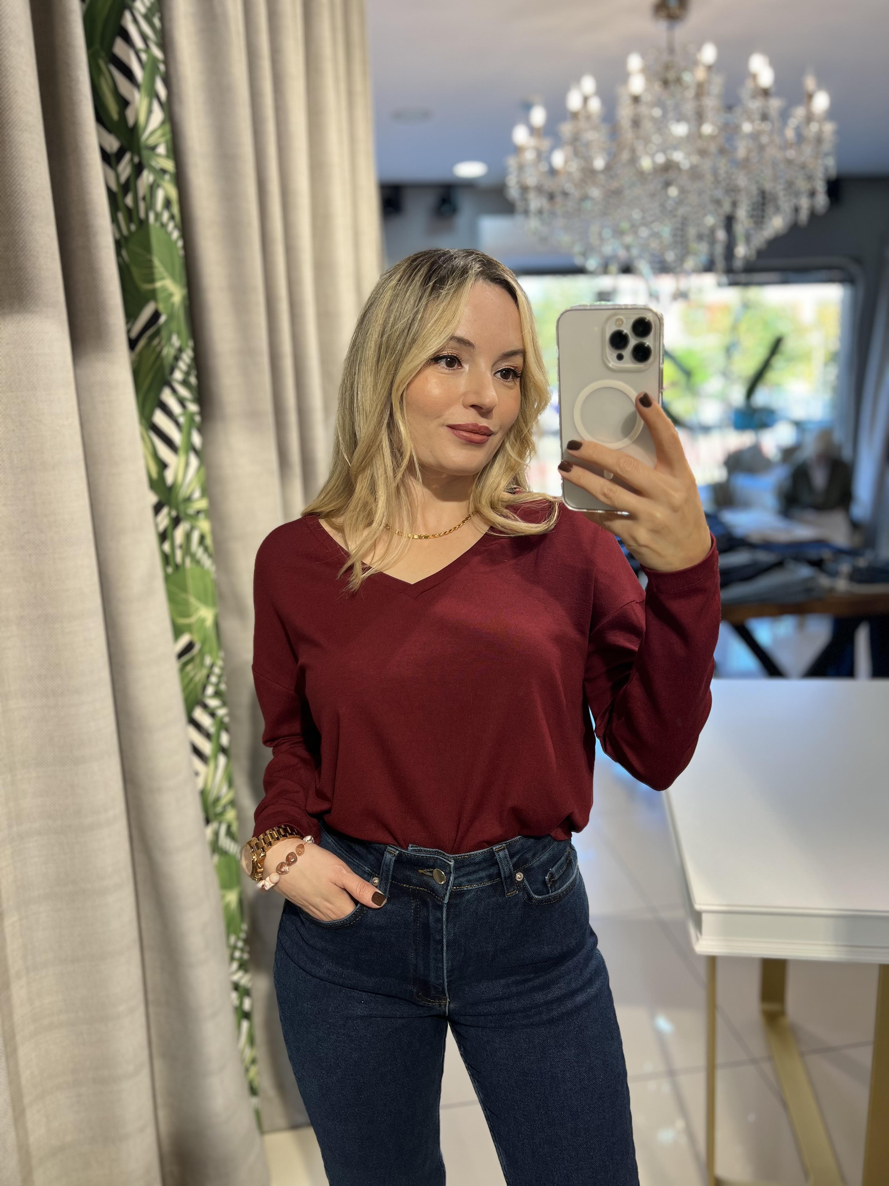 V Yaka Bordo Likralı Penye Bluz