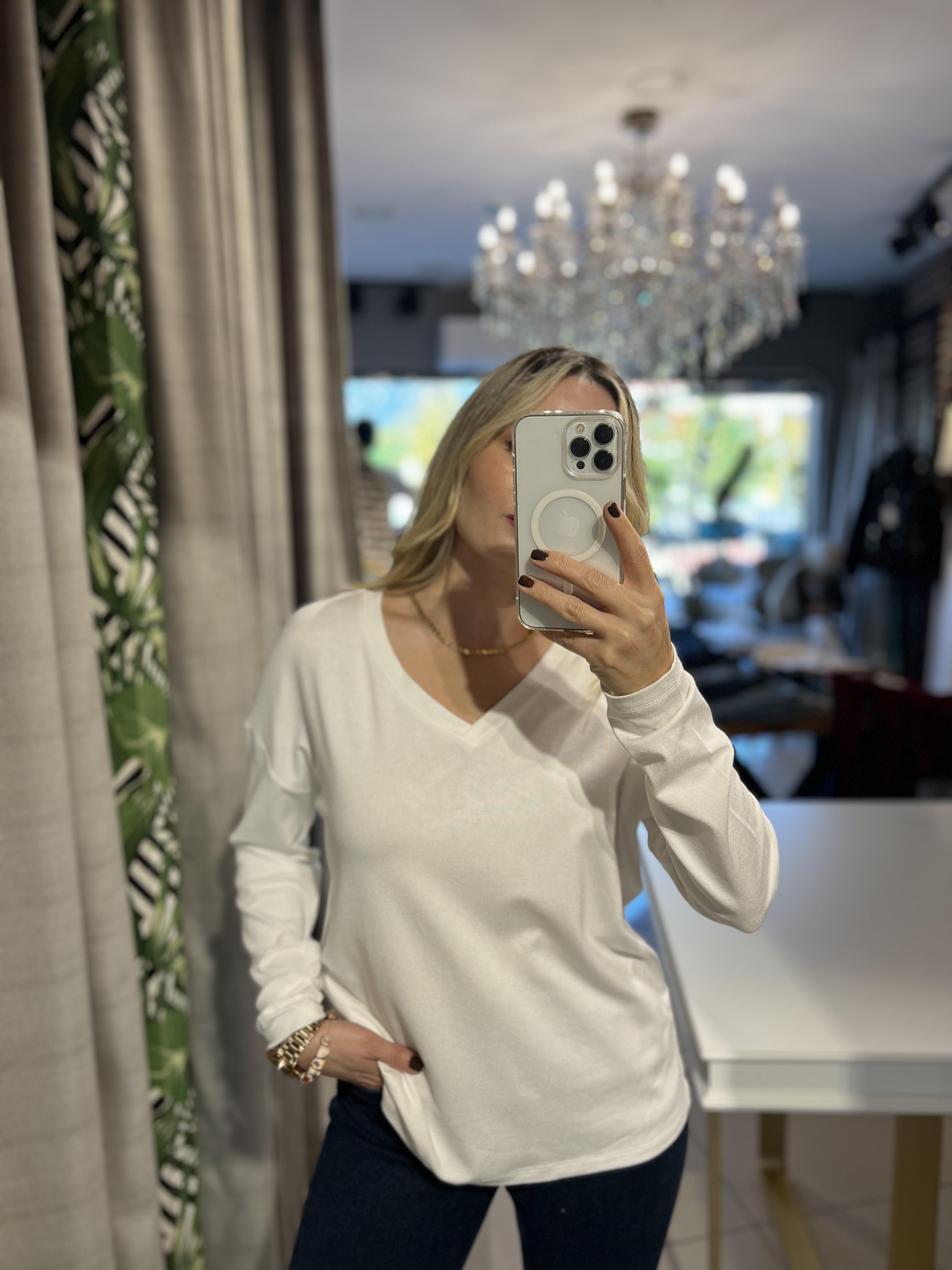 V Yaka Ekru Likralı Penye Bluz