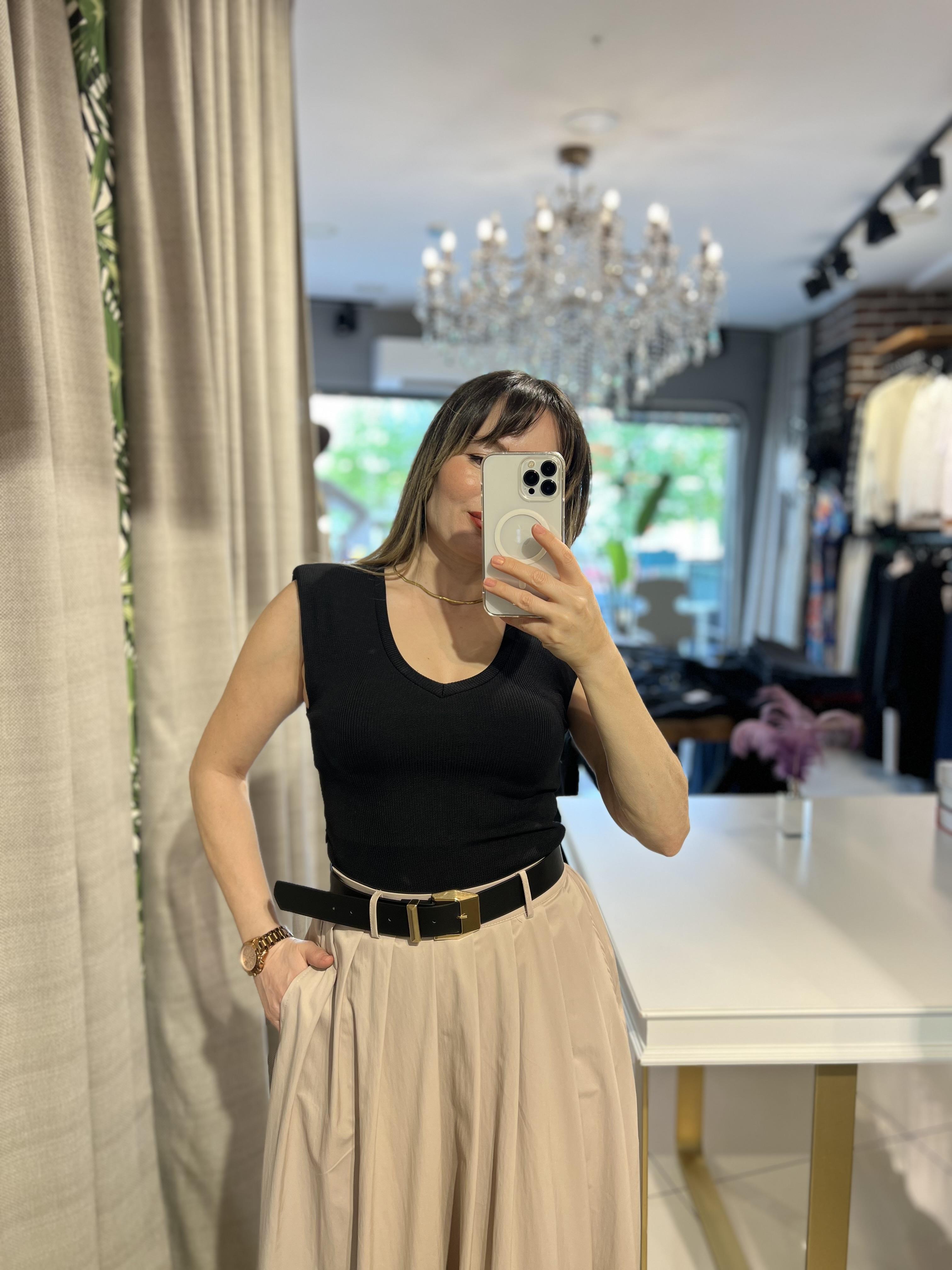 V Yaka İki Renk Vatkalı Maksi Boy Elbise