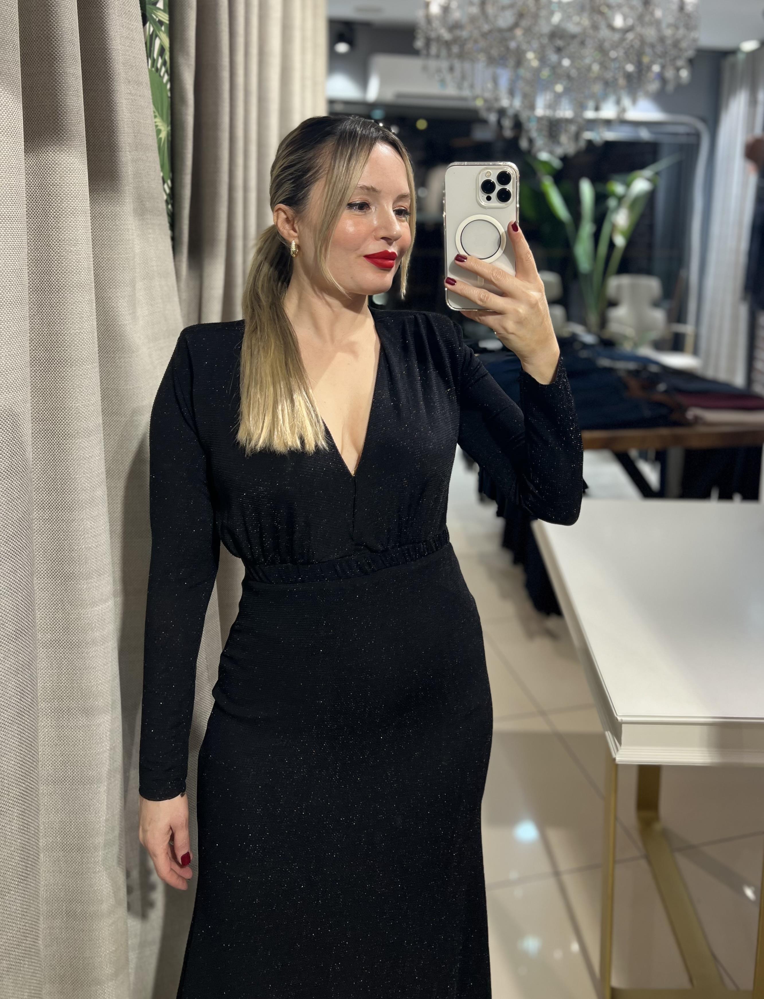 V Yaka Işıltılı Elbise