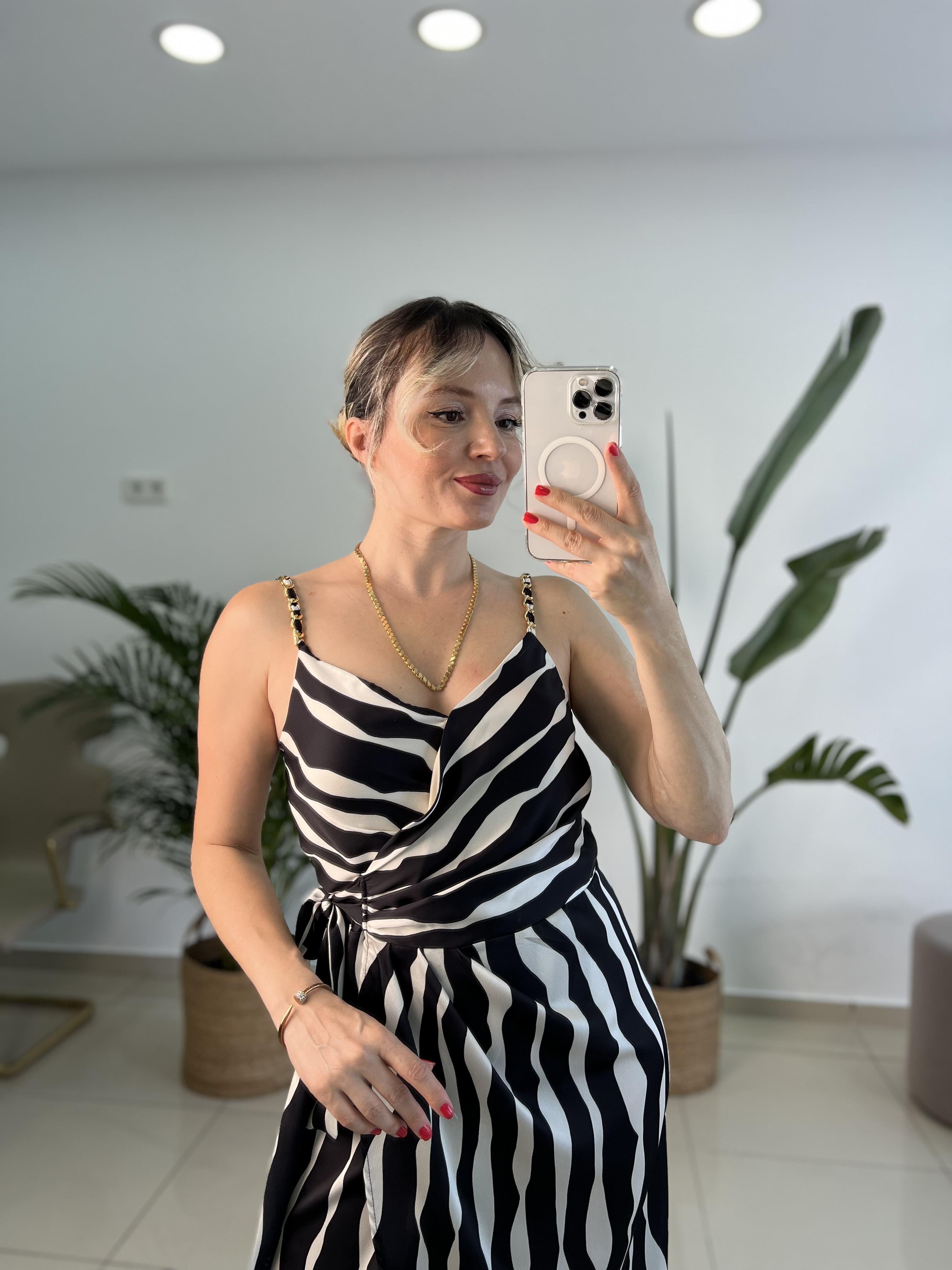 Yandan Bağlama Detaylı Zebra Desen Saten Elbise