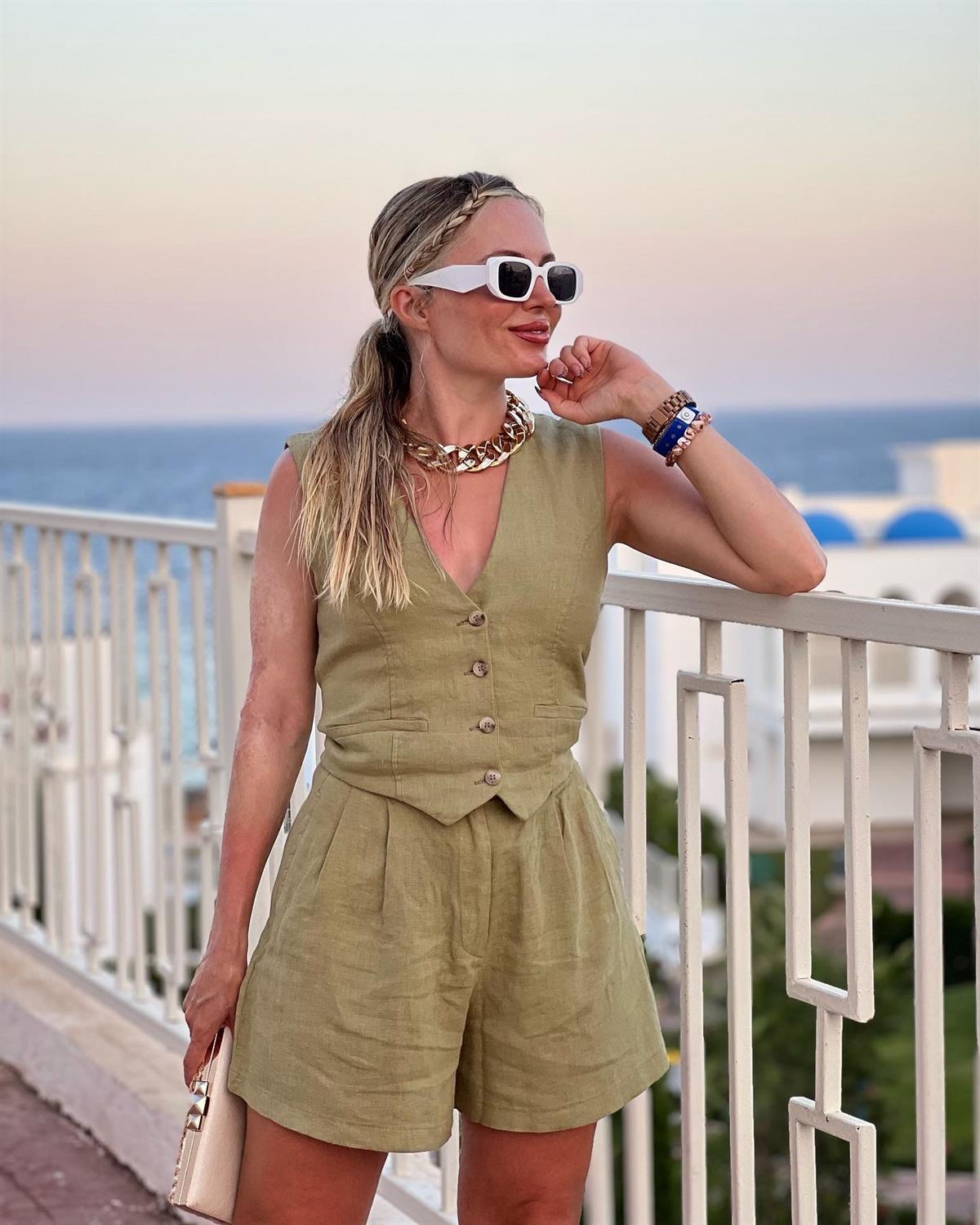 Yeşil Organik Keten Şortlu Takım