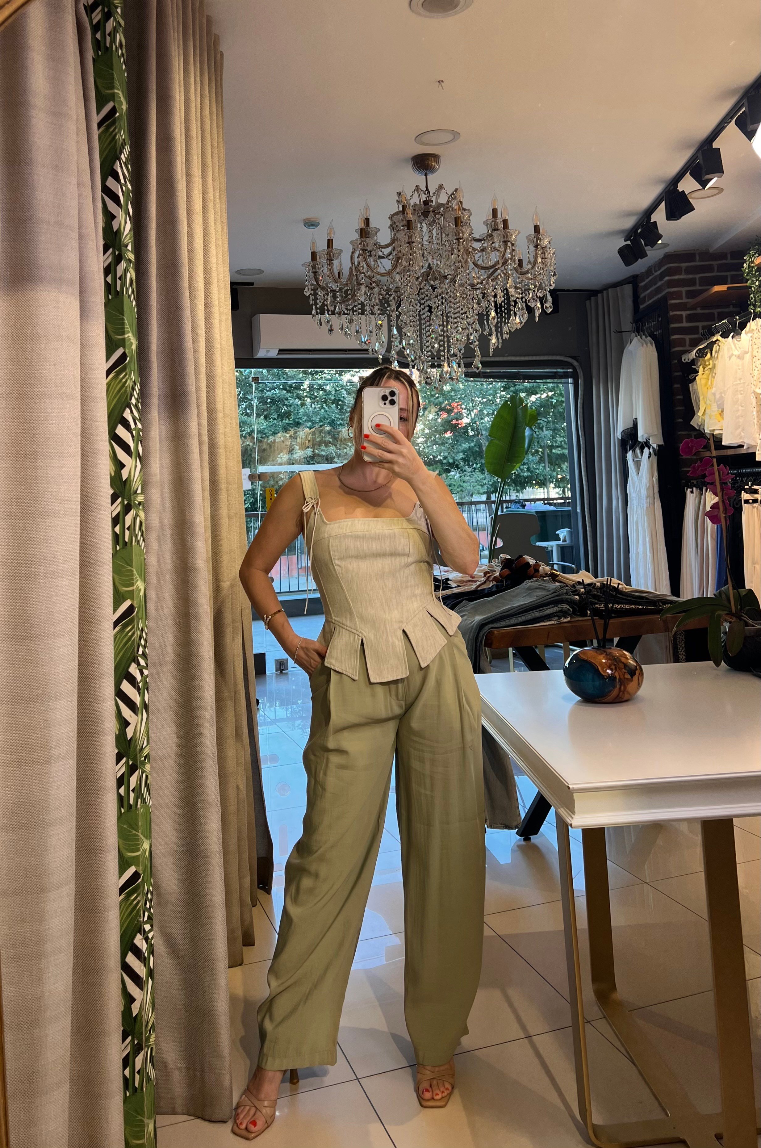 Yeşil Tensel Kumaş Palazzo Pantalon