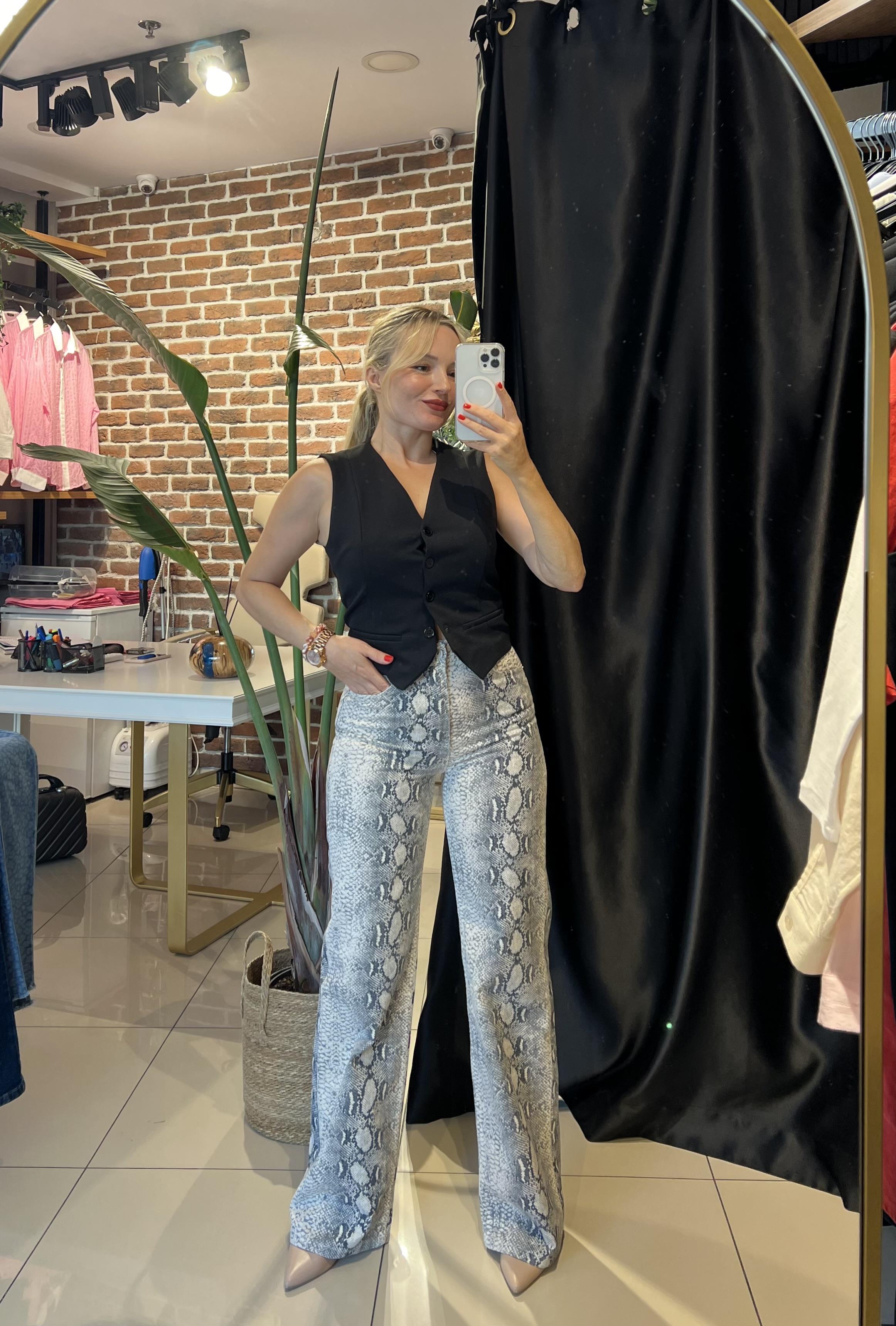 Yılan Desen Wide Leg Denim Pantolon