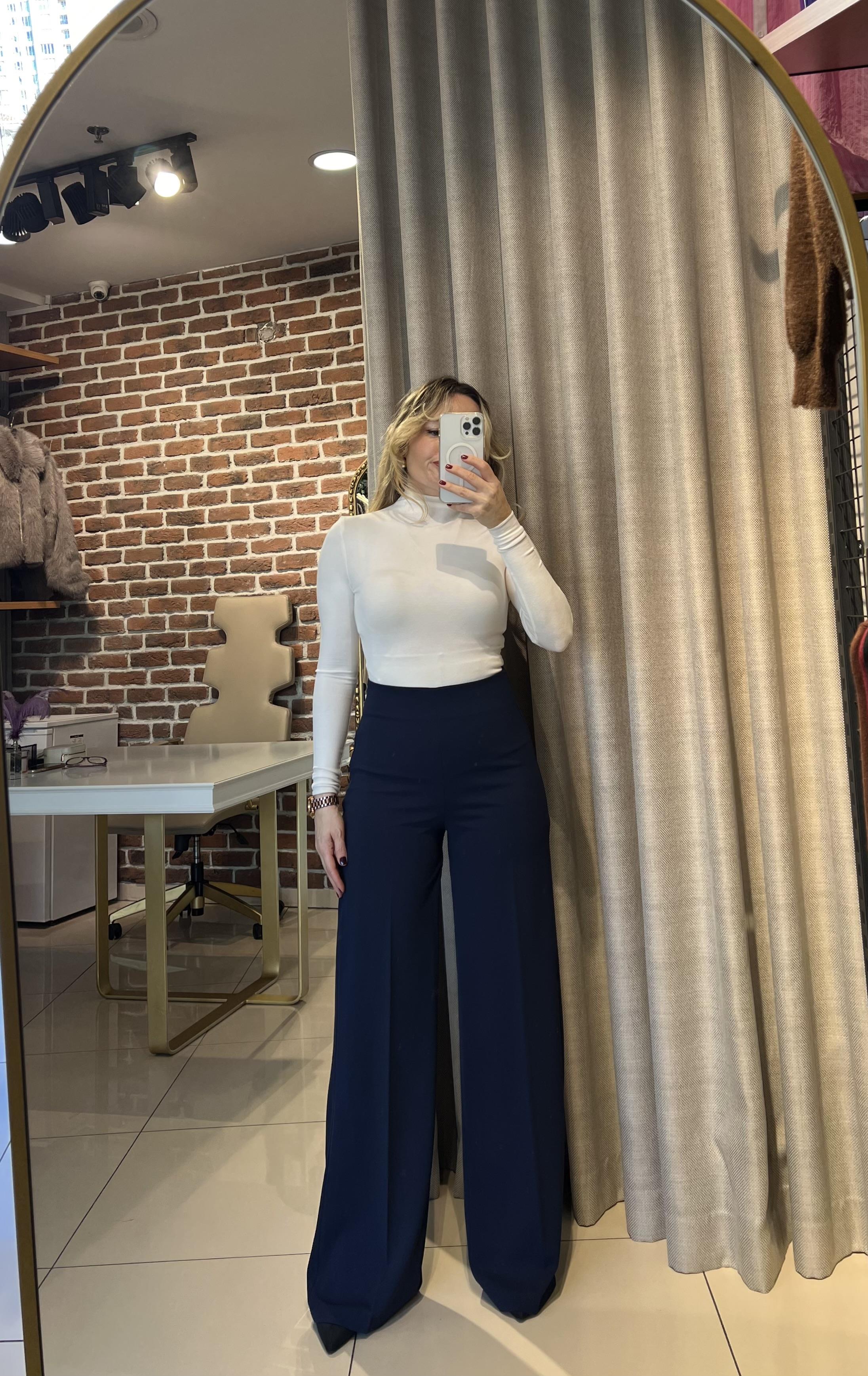 Yüksek Bel Full Likralı Lacivert Palazzo Pantolon