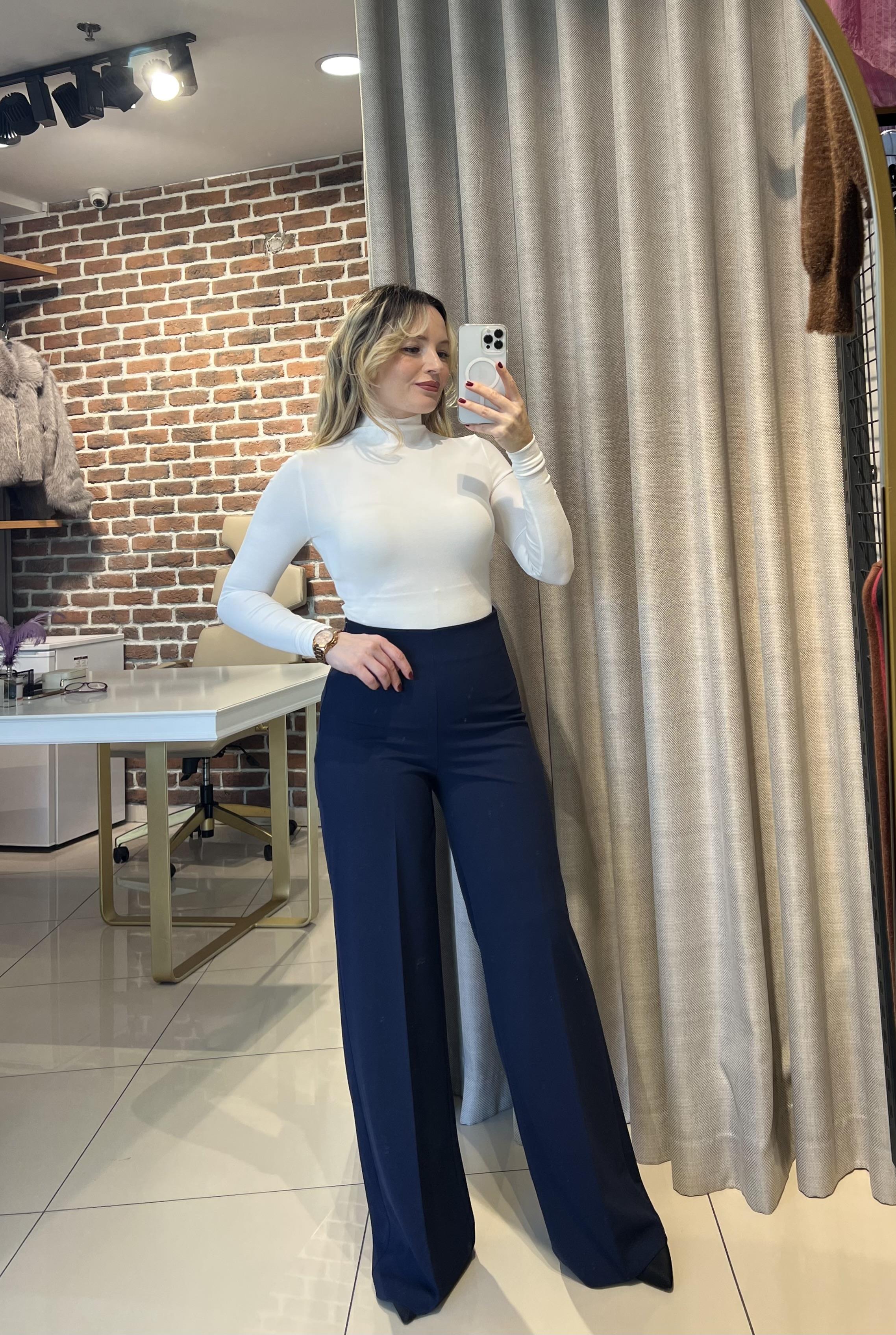 Yüksek Bel Full Likralı Lacivert Palazzo Pantolon