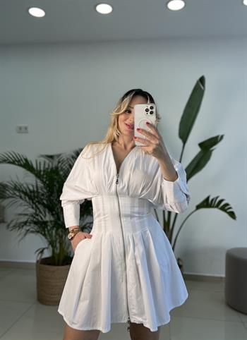  Fermuar Detaylı Yanlardan Cepli Beyaz Mini Elbise