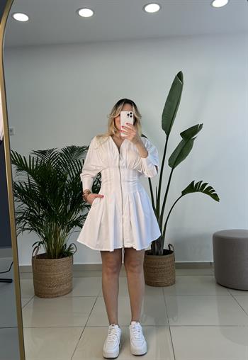  Fermuar Detaylı Yanlardan Cepli Beyaz Mini Elbise