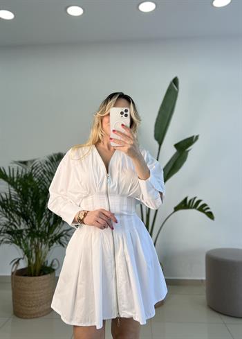  Fermuar Detaylı Yanlardan Cepli Beyaz Mini Elbise