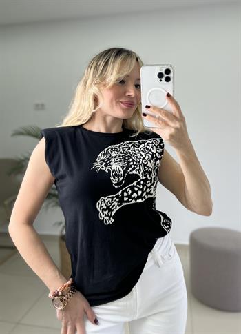  Leopar Baskılı Omuz Vatkalı Siyah Tişört 