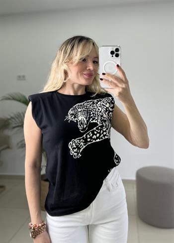  Leopar Baskılı Omuz Vatkalı Siyah Tişört 