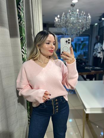  V Yaka Yumuşak Dokulu Pembe Kazak