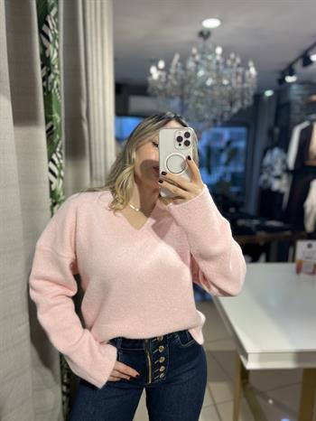  V Yaka Yumuşak Dokulu Pembe Kazak