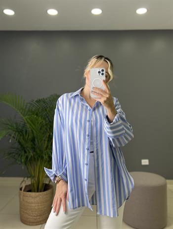 %100 Pamuk Dokuda Gizli Düğme Detaylı Çizgili Oversize Mavi Gömlek