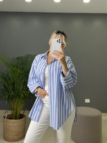 %100 Pamuk Dokuda Gizli Düğme Detaylı Çizgili Oversize Mavi Gömlek