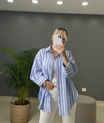 %100 Pamuk Dokuda Gizli Düğme Detaylı Çizgili Oversize Mavi Gömlek