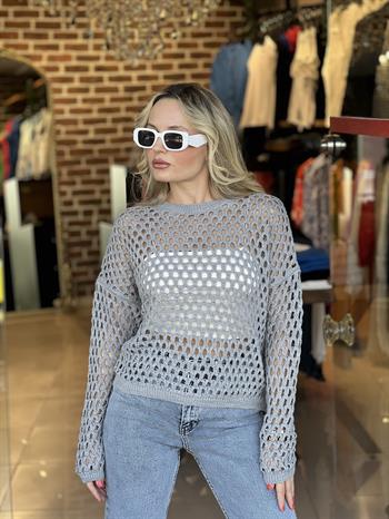 Ajur Desenli Gri Triko