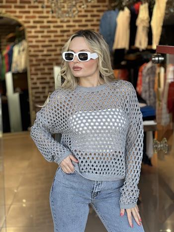 Ajur Desenli Gri Triko