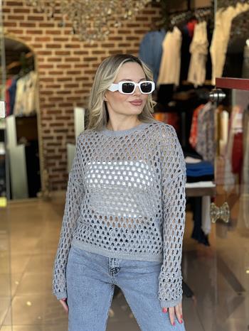 Ajur Desenli Gri Triko