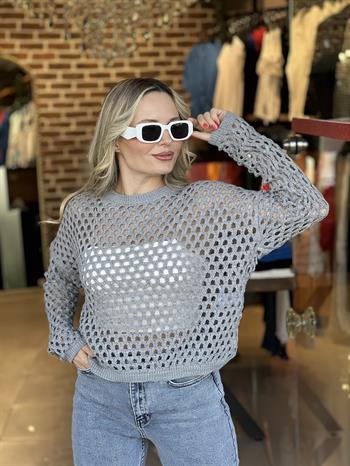 Ajur Desenli Gri Triko