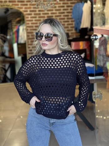 Ajur Desenli Lacivert Triko