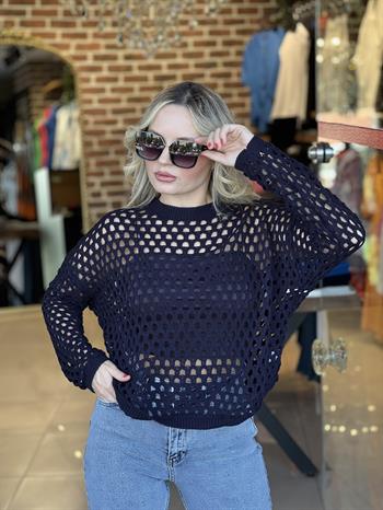 Ajur Desenli Lacivert Triko