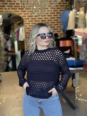 Ajur Desenli Lacivert Triko