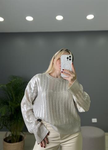 Ajurlu Silver  Detaylı Taş Rengi Triko Bluz