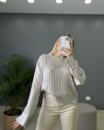 Ajurlu Silver  Detaylı Taş Rengi Triko Bluz
