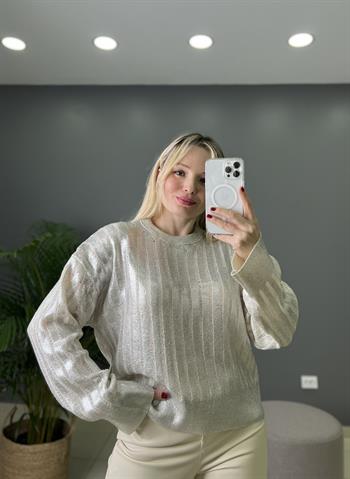 Ajurlu Silver  Detaylı Taş Rengi Triko Bluz