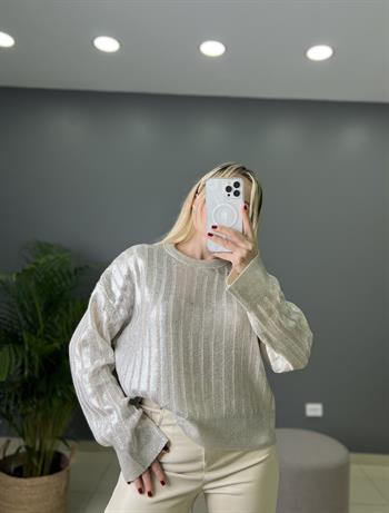 Ajurlu Silver  Detaylı Taş Rengi Triko Bluz