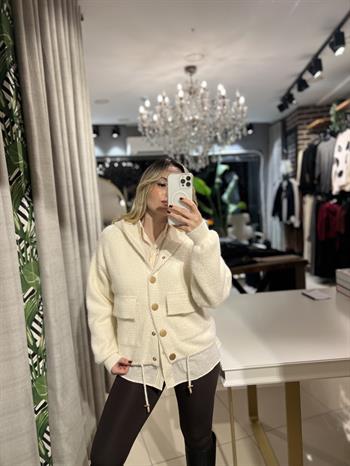 Angora Kapşonlu Düğmeli Ekru Hırka