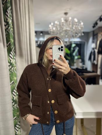 Angora Kapşonlu Düğmeli Kahverengi Hırka