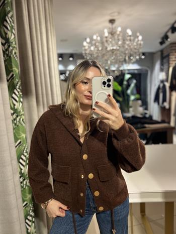 Angora Kapşonlu Düğmeli Kahverengi Hırka