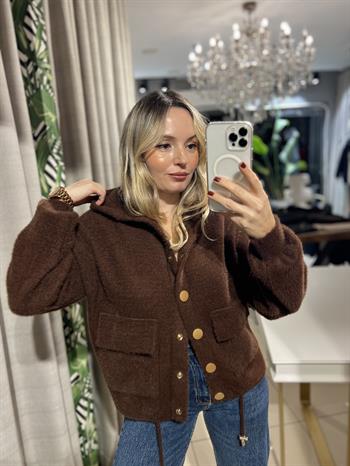 Angora Kapşonlu Düğmeli Kahverengi Hırka