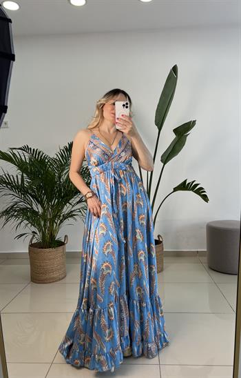 Askılı Mavi Şal Desen Uzun Saten Elbise