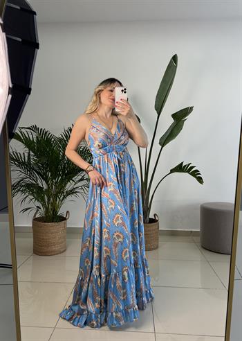 Askılı Mavi Şal Desen Uzun Saten Elbise