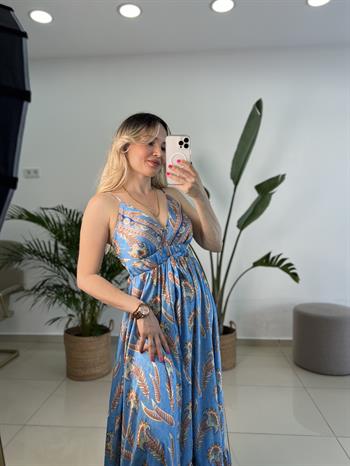 Askılı Mavi Şal Desen Uzun Saten Elbise