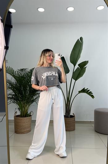 Dökümlü Aerobin Krep Kumaş Beyaz Palazzo Pantolon 